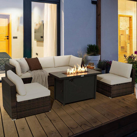 7-Pieces Patio Rattan Furniture Set Fire Pit Table Cover Cushion off White