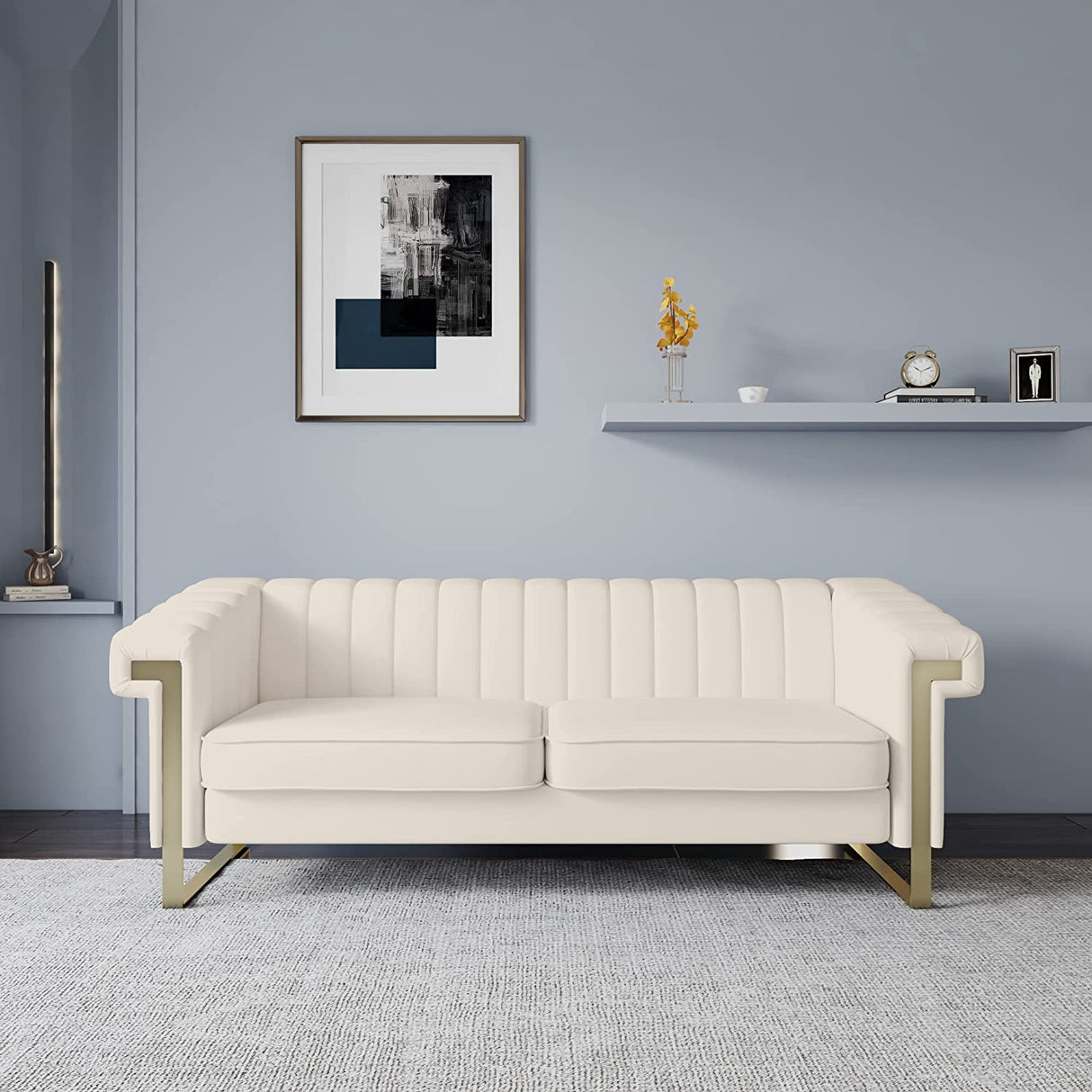 Modern Sofa,Collection Contemporary Velvet Upholstered Sofa Couch with Stainless Steel Base,83.86“ Lx 30.70“ Wx 30.51“ H(Beige)