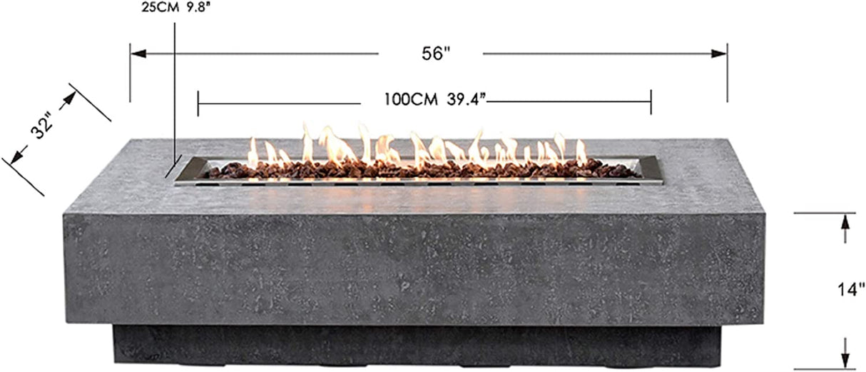 Outdoor Hampton Fire Pit Table 56 X 32 Inches Grey Durable Fire Bowl Glass Reinforced Concrete Rectangle Fire Table Liquid Propane Patio Fire Place Includes Burner and Lava Rock