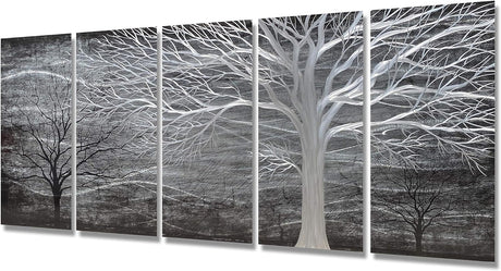 Black and Silver Tree Metal Art Hand-Polished Wall Decor 3D Modern Home Accent for Bedroom Decoration 5 Panels Hanging Scuplture