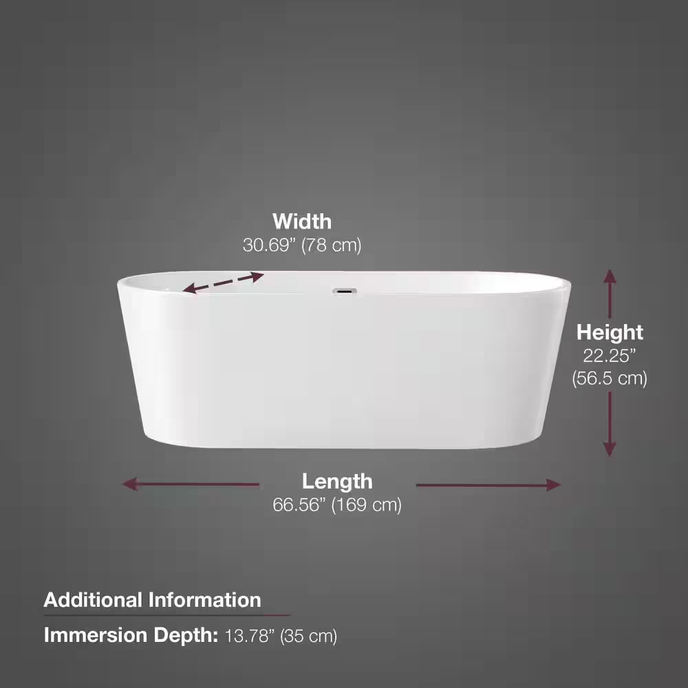 Brightling 67 In. Acrylic Flatbottom Non-Whirlpool Bathtub in White