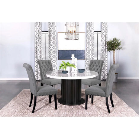 Maklaine 5-Pc Marble Top Dining Set with Gray Fabric Chairs in Espresso & White