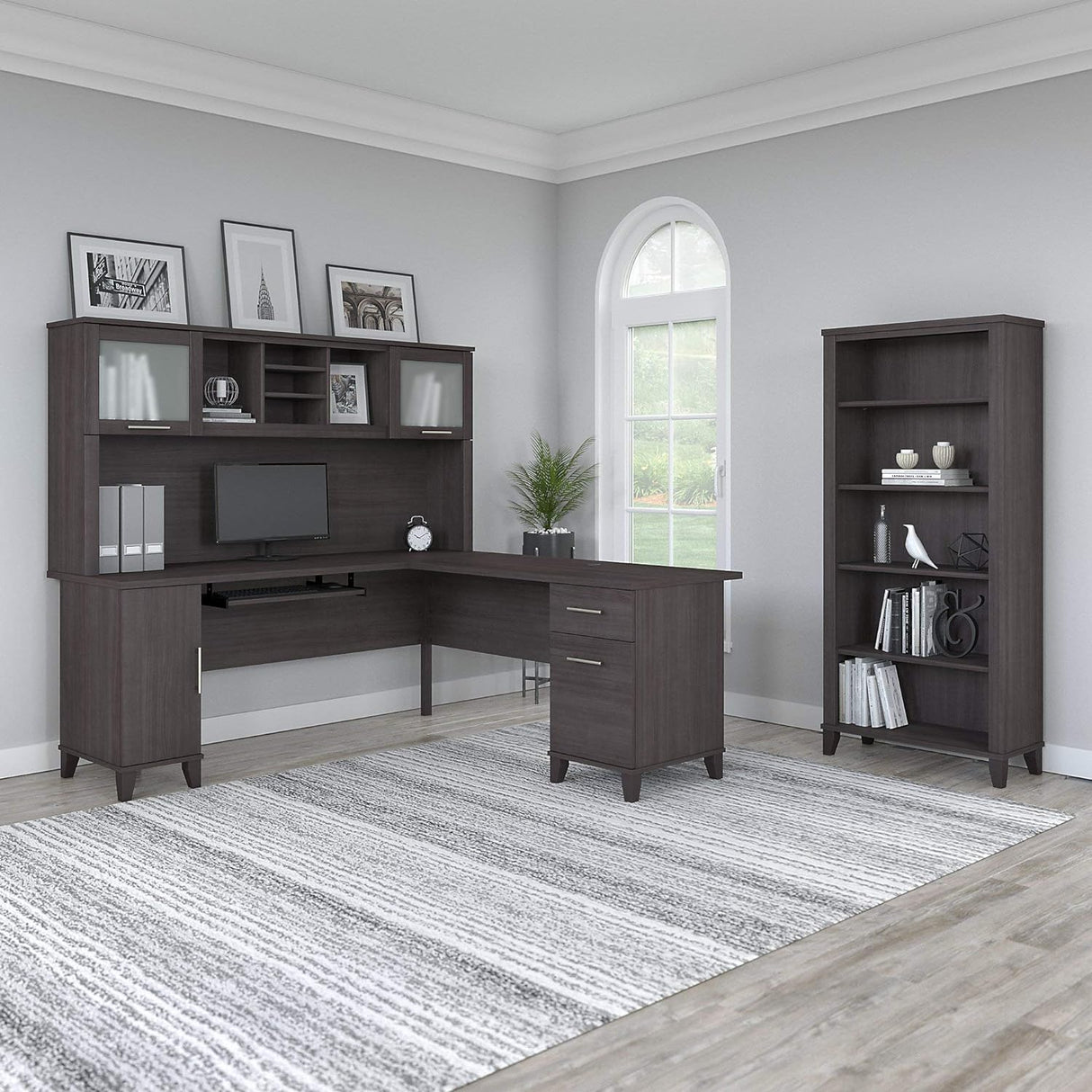 Bush SET011SG Somerset 72-Inch W L-Shaped Desk W/Hutch and 5-Shelf Bookcase Storm Gray