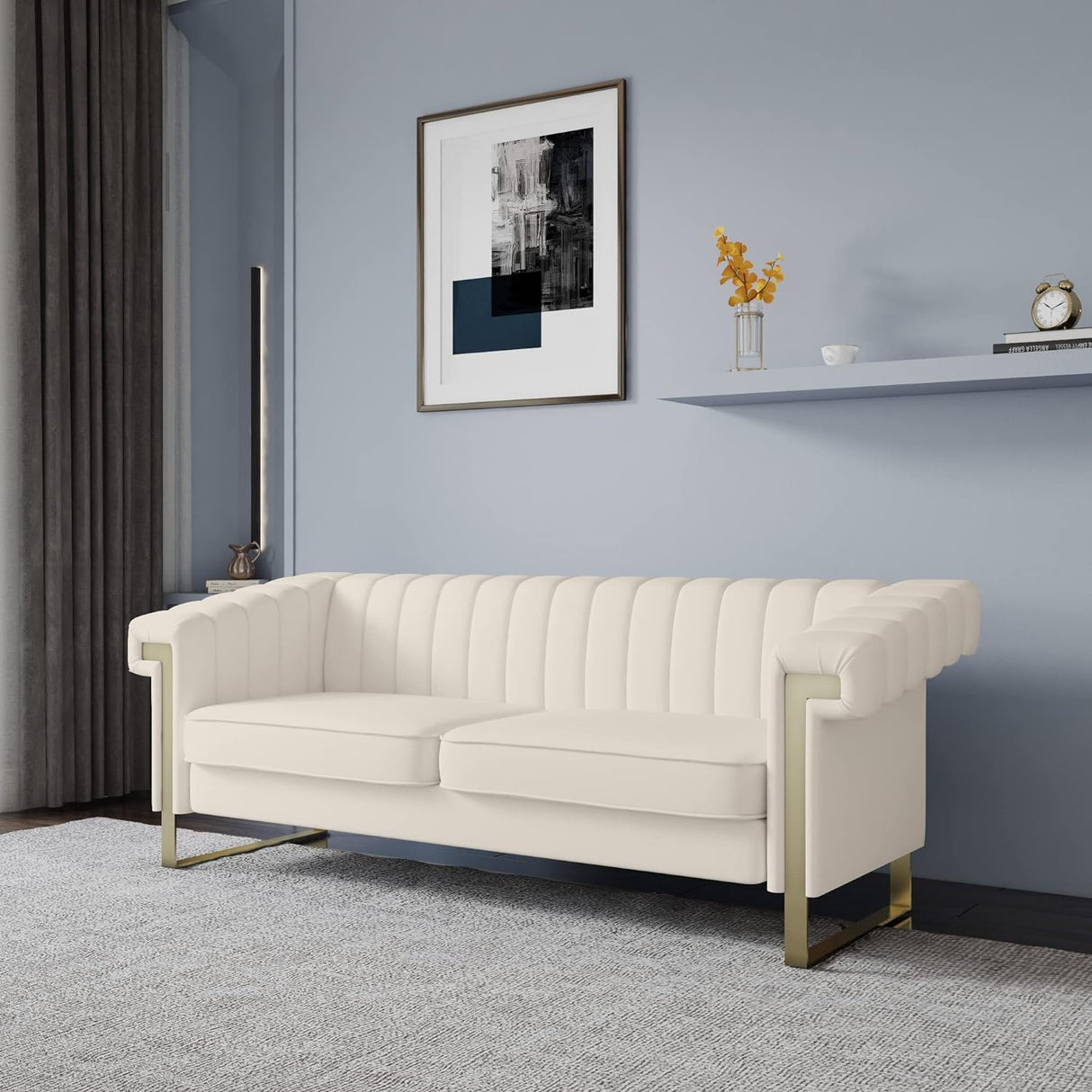 Modern Sofa,Collection Contemporary Velvet Upholstered Sofa Couch with Stainless Steel Base,83.86“ Lx 30.70“ Wx 30.51“ H(Beige)