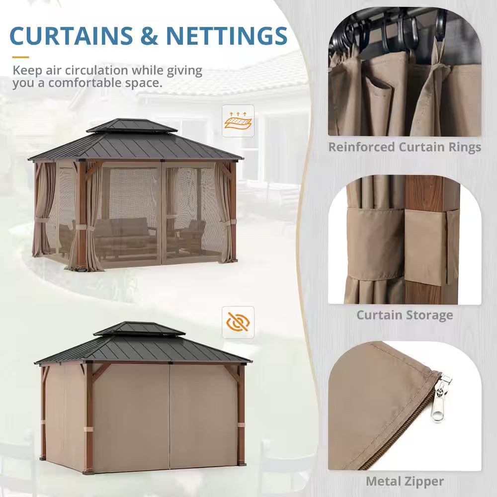10 Ft. X 12 Ft. Brown Wood Grain Aluminum Hardtop Pavilion Gazebo Galvanized Steel Double Roof with Curtains Netting