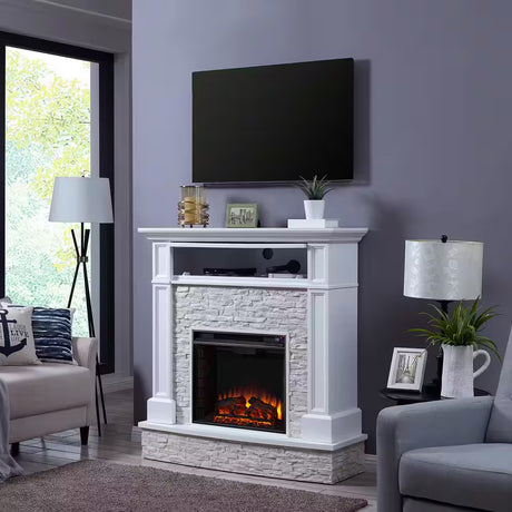 Johnna 48 In. Faux Stone Media Electric Fireplace in White