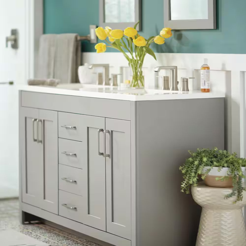 Westcourt 60 In. W X 22 In. D X 36 In. H Double Sink Bath Vanity in Gray with White Cultured Marble Top and Mirror