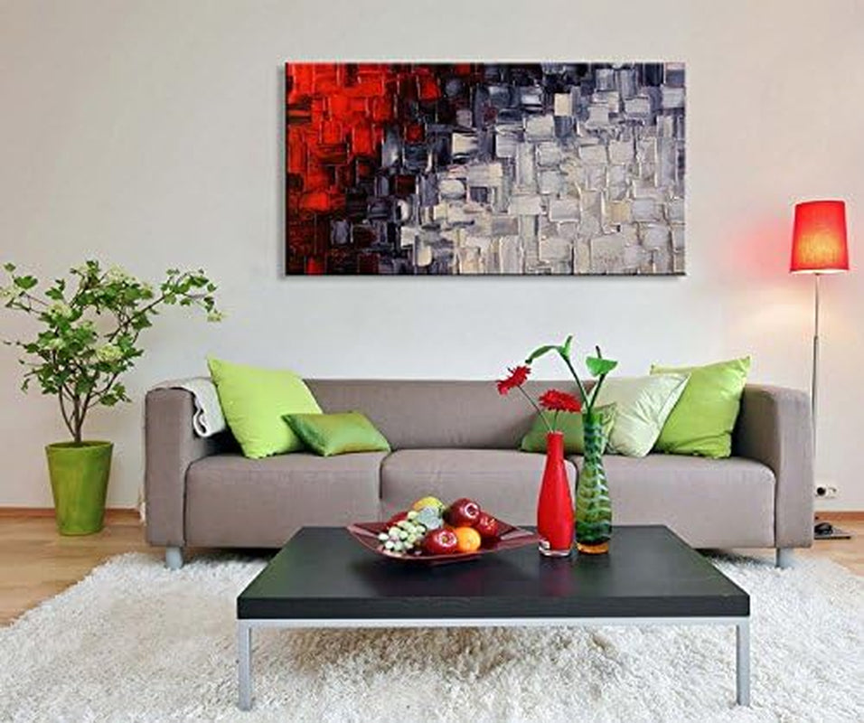 Seekland Hand Painted Red and White Abstract Canvas Wall Art Modern Contemporary Acrylic Painting for Living Room Ready to Hang (Framed 48"W X 24"H)