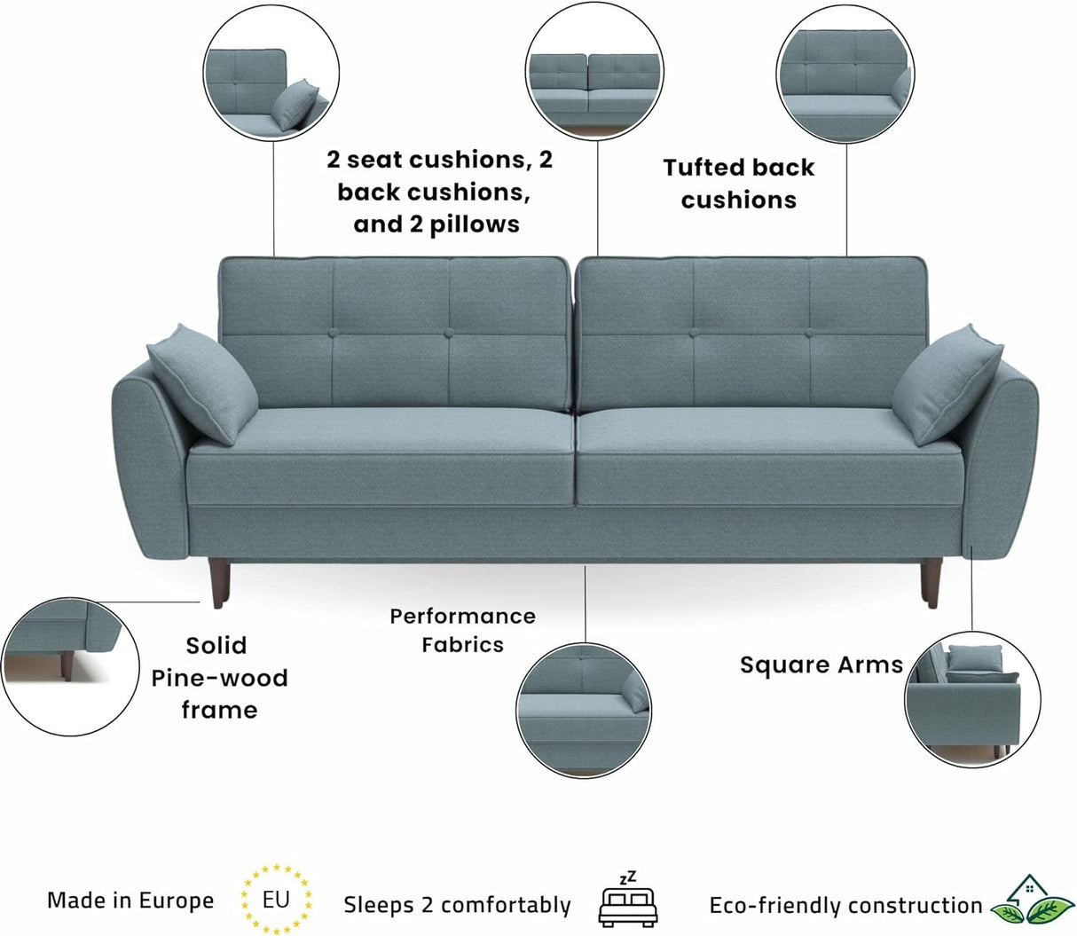 Modern Alisa Sleeper Sofa Bed - Storage Pull Out Couch, Revolution Performance Fabrics, Pine Wood, Birch Legs, Sleek Unique Arms, Made in Europe, Queen Size - Aquamarine