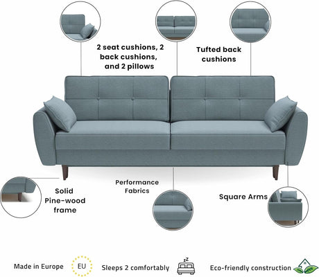 Modern Alisa Sleeper Sofa Bed - Storage Pull Out Couch, Revolution Performance Fabrics, Pine Wood, Birch Legs, Sleek Unique Arms, Made in Europe, Queen Size - Aquamarine