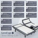 Platinum Adjustable Bed Base-Frame Only, Head and Foot Lift, Lumbar Support, Head-Pillow-Tilt, Massage, Under-Bed Lights, USB - Split King