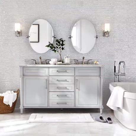 Aberdeen 60 In. Double Sink Freestanding Dove Gray Bath Vanity with Carrara Marble Top (Assembled)