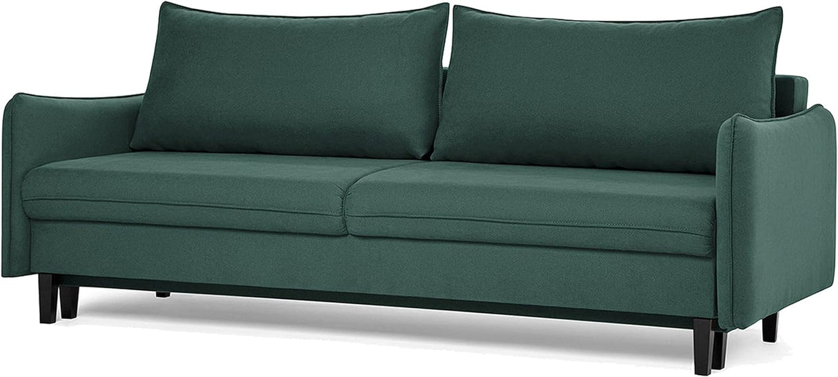 Modern Carmella Sleeper Sofa - Storage Pull Out Sofa Bed Pocket Sinuous Springs, Pine Wood Frame, Velvet Upholstery, Sleek Arms, Made in Europe, Queen Size 85In W X 39In D X 35In H – Green