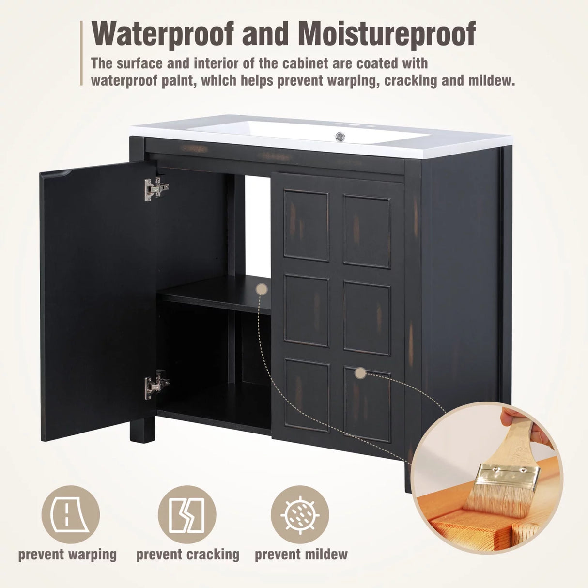 36" Bathroom Vanity with Single Sink Adjust Store Shelf Solid Wood Frame,Retro Espresso