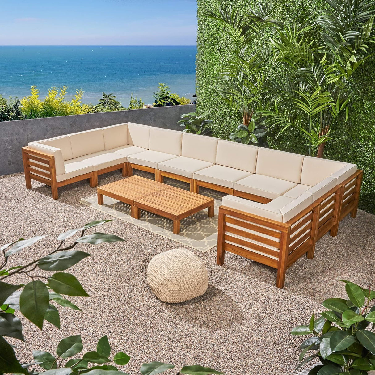 Annabelle Outdoor U-Shaped Sectional Sofa Set with Coffee Tables - 12-Piece 10-Seater - Acacia Wood - Outdoor Cushions - Teak and Beige