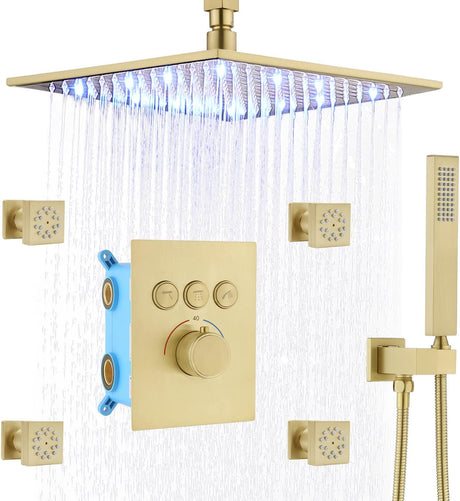 Brushed Gold Shower System - 12" LED Square Ceiling Rain Head with High Pressure Handheld and Full Body Spray Jets
