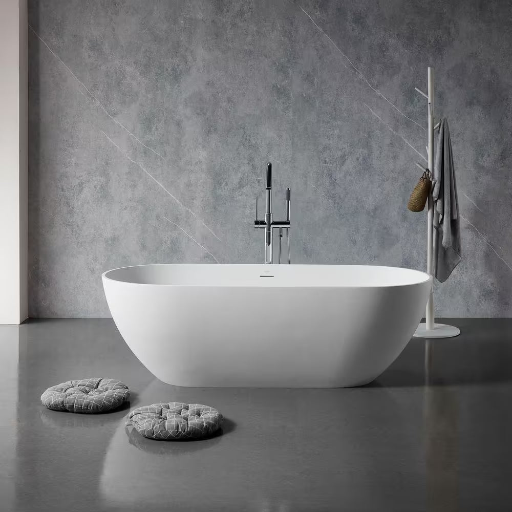 59 In. Stone Resin Flatbottom Solid Surface Freestanding Double Slipper Soaking Bathtub in White with Brass Drain