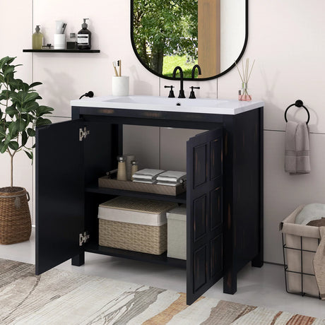 36" Bathroom Vanity with Single Sink Adjust Store Shelf Solid Wood Frame,Retro Espresso