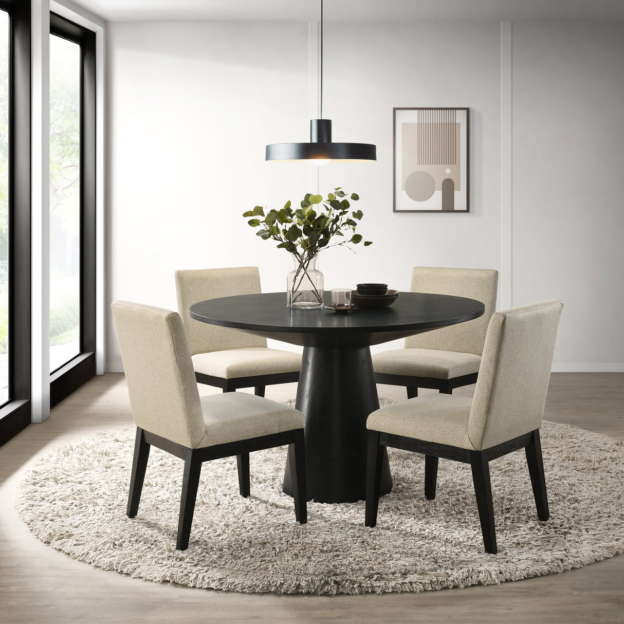 Roundhill Furniture Rocco Contemporary Wood Dining Set, round Pedestal Table with 4 Chairs, Ebony
