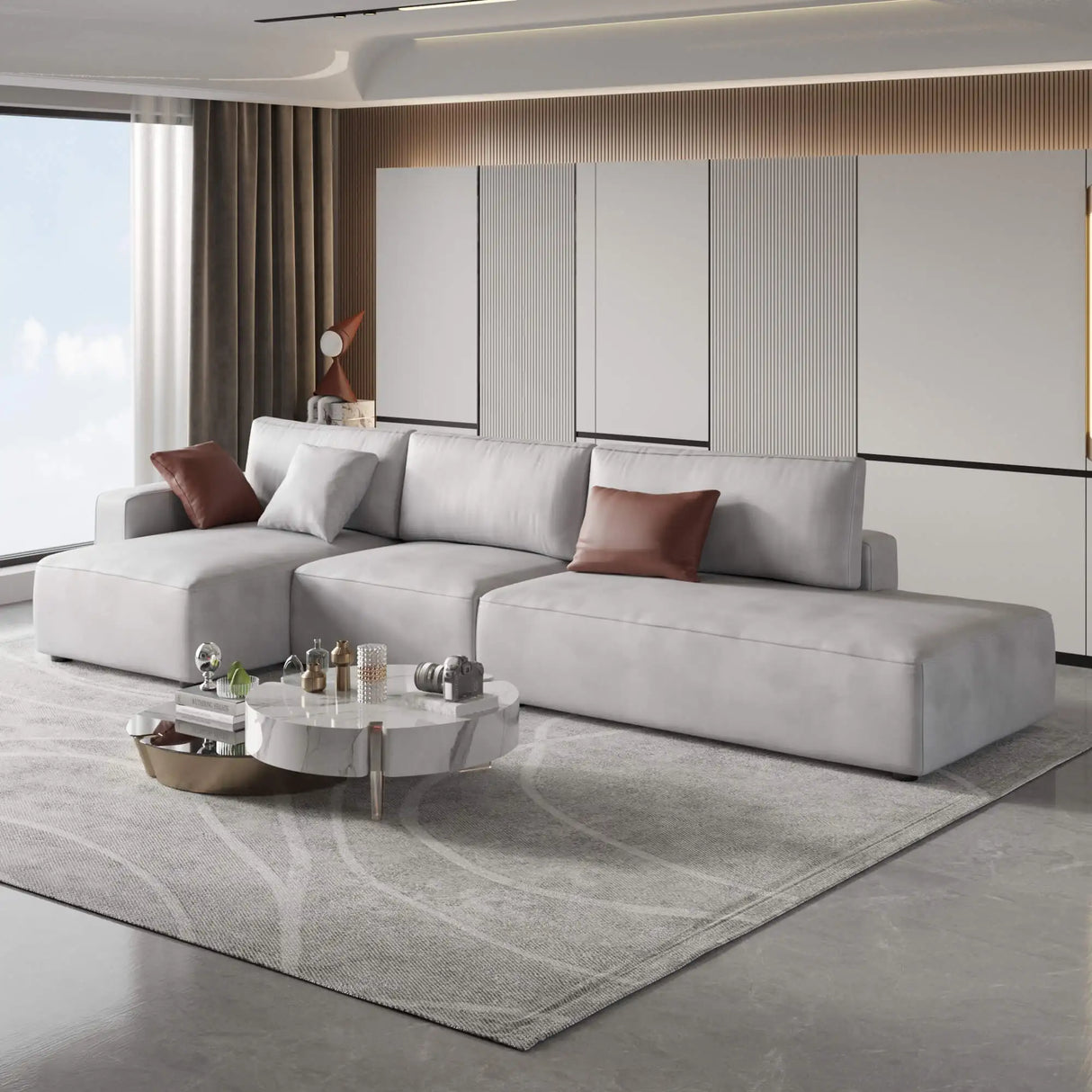 Sectional Sofa Modern Style Leather Sleeper L Shaped Sofa with Storage Chaise for Living Room