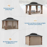 10 Ft. X 12 Ft. Brown Wood Grain Aluminum Hardtop Pavilion Gazebo Galvanized Steel Double Roof with Curtains Netting