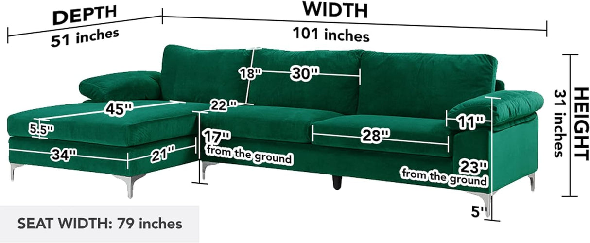 Modern Sectional Sofa L Shaped Velvet Couch, with Extra Wide Chaise Lounge, Large, Green