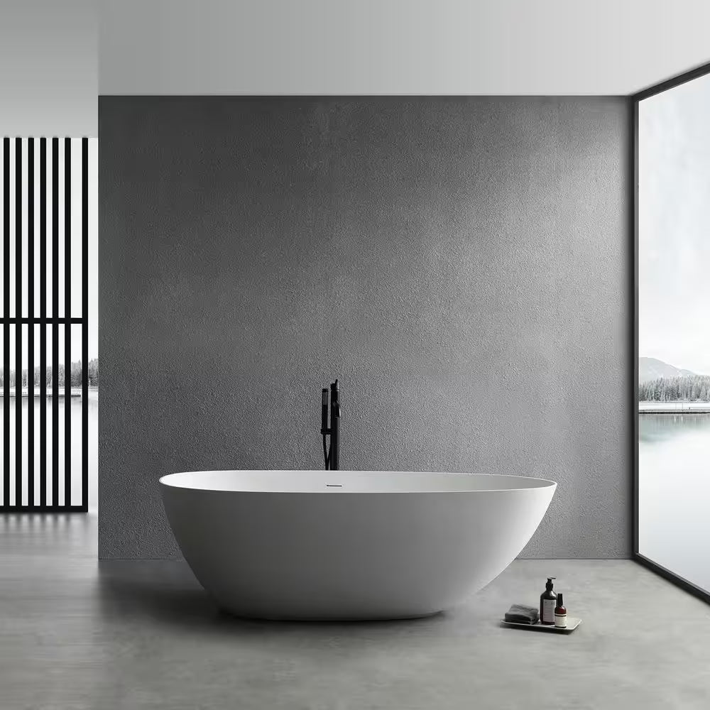 71 In. Stone Resin Solid Surface Matte Flatbottom Freestanding Bathtub Soaking Tub in White