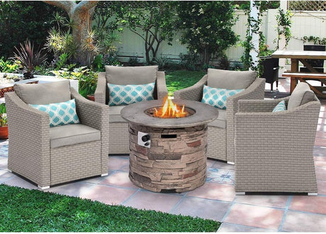 Outdoor 5-Piece Patio Conversation Set, PE Rattan Furniture Wicker Chairs Propane Fire Pit Table W Light Grey Cushion W 32-Inch 40,000 BTU Stone-Crest Fire Table Column, Waterproof Cover