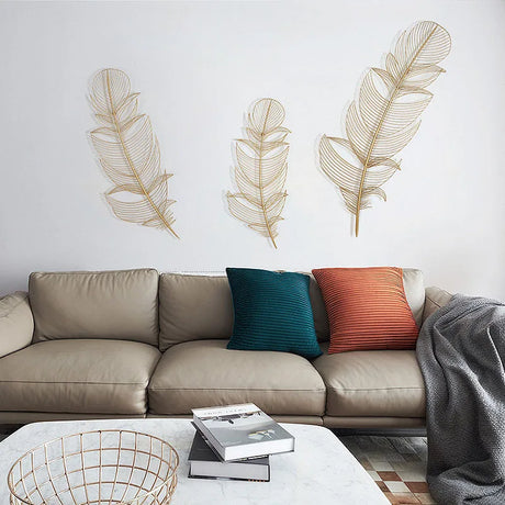 Living Room TV Background Wall Decoration Creative Wall Hanging Gold Feather Handmade Wrought Iron Wall Decoration