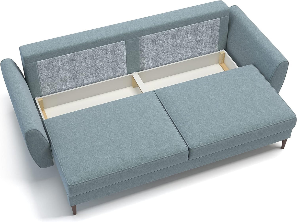 Modern Alisa Sleeper Sofa Bed - Storage Pull Out Couch, Revolution Performance Fabrics, Pine Wood, Birch Legs, Sleek Unique Arms, Made in Europe, Queen Size - Aquamarine