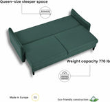 Modern Carmella Sleeper Sofa - Storage Pull Out Sofa Bed Pocket Sinuous Springs, Pine Wood Frame, Velvet Upholstery, Sleek Arms, Made in Europe, Queen Size 85In W X 39In D X 35In H – Green