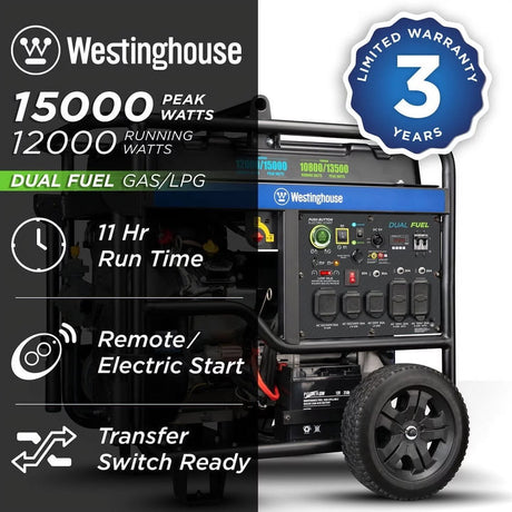 15,000 Peak Watt Dual Fuel Portable Generator, Gas or Propane, Home Backup, CO Sensor