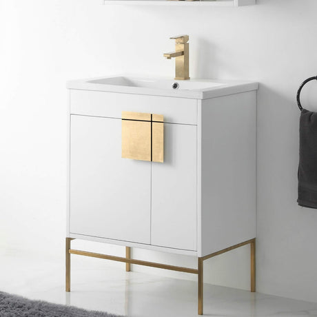 '-  - Modern White 30" Bathroom Vanity Set, Satin Brass Hardware, Vireous China Sink Top