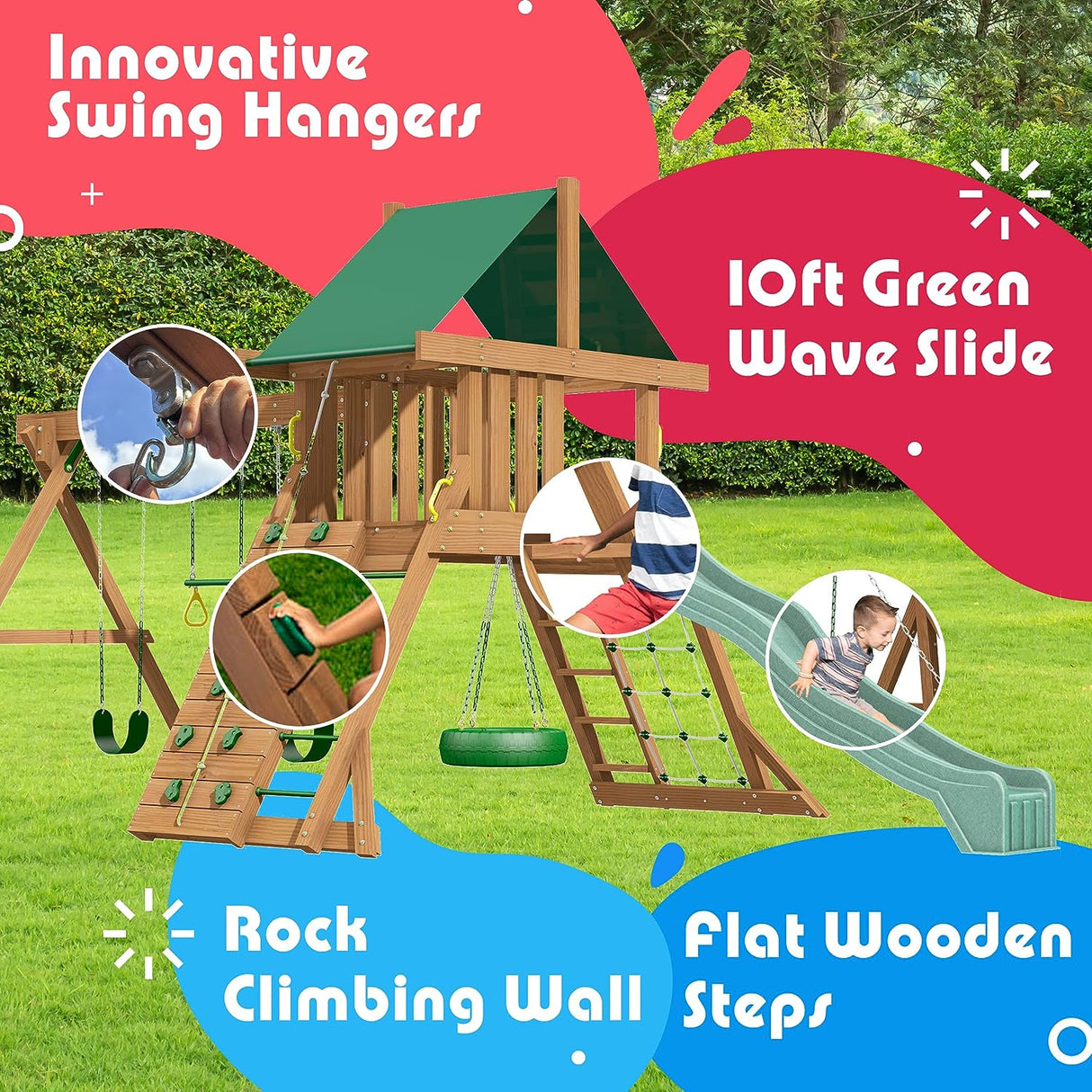 Creative Playthings Northbridge Pack 1 Wooden Swing Set (Made in the USA), Includes Climbing Wall for Kids, Playground Swings and Slide, and Tire Swing, 22 X 12 X 11 Ft