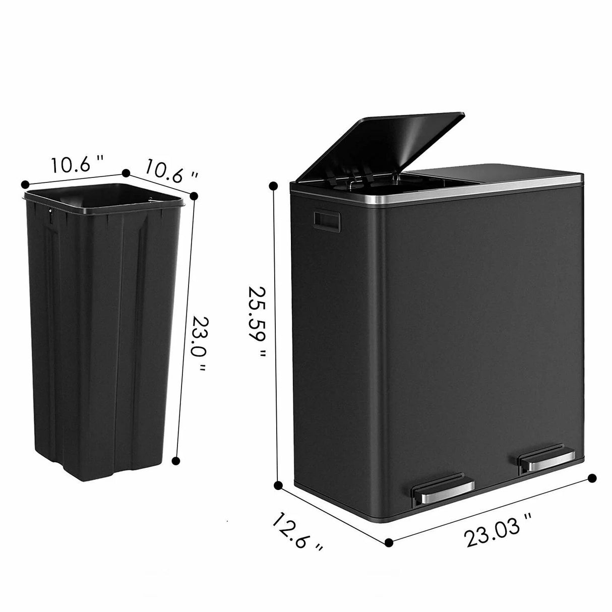 Arlopu 60 L/16 Gal Dual Trash Can, Stainless Steel Garbage Can for Kitchen, Recycle Bin with Lid