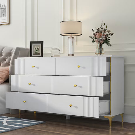 FUFU&GAGA Contemporary White 6-Drawer Dresser with Gold Inlaid Handles and Metal Legs, Spacious Storage, Durable Construction