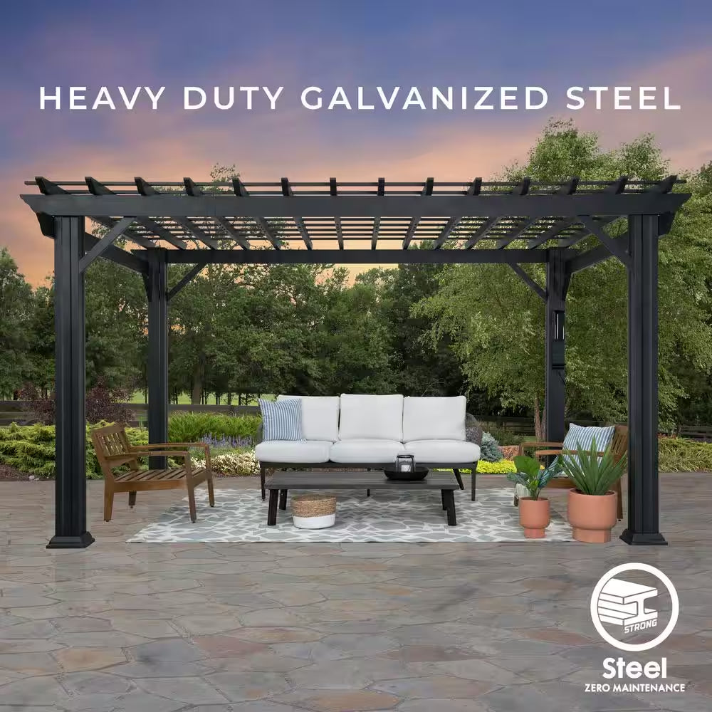 Stratford 12 Ft. X 10 Ft. Black Steel Traditional Pergola with Sail Shade Soft Canopy