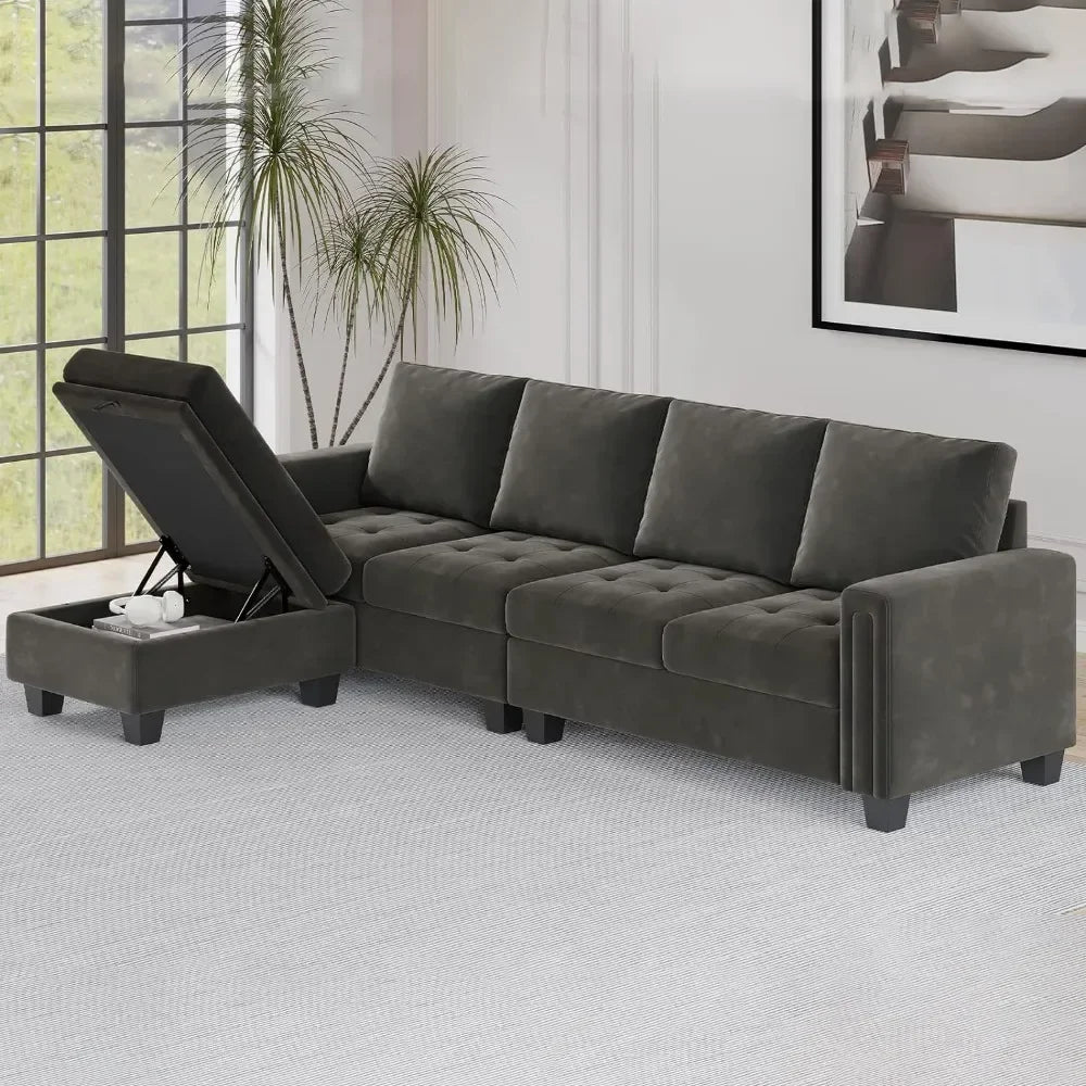 Sofa Velvet Reversible Sectional with Chasie Convertible L Shaped 4-Seat Sectional Couch Grey Living Room Sofa Set Furniture