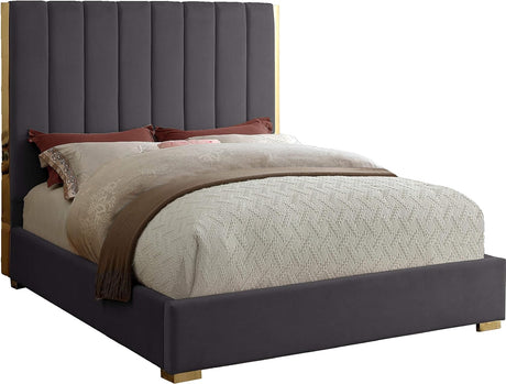 Becca Collection Modern | Contemporary Velvet Upholstered Bed with Deep Channel Tufting and Polished Gold Metal Frame, Grey, Queen