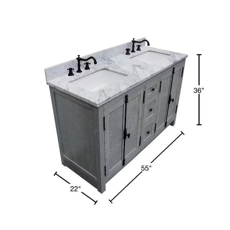Plantation 55 In. W X 22 In. D Double Bath Vanity in Gray with Marble Vanity Top in White with White Rectangle Basins