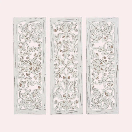 3 Piece White Wood Handmade Intricately Carved Floral Wall Decor Set