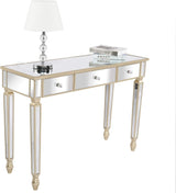 Mirrored Console Table,Mirrored Makeup Vanity Table Desk, 3 Drawer Media Console Table for Women Home Office Writing Desk Smooth Finish with Crystal-Style Knobs (Champagne Gold)