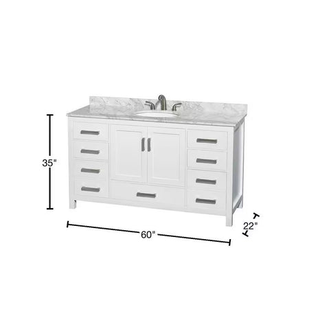 Sheffield 60 In. W X 22 In. D X 35 In. H Single Bath Vanity in White with White Carrara Marble Top
