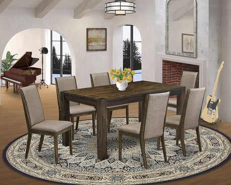 CNLA7-77-16 7 Piece Dining Room Furniture Set Consist of a Rectangle Rustic Wood Dining Table and 6 Dark Khaki Linen Fabric Parsons Chairs, 36X60 Inch, Jacobean
