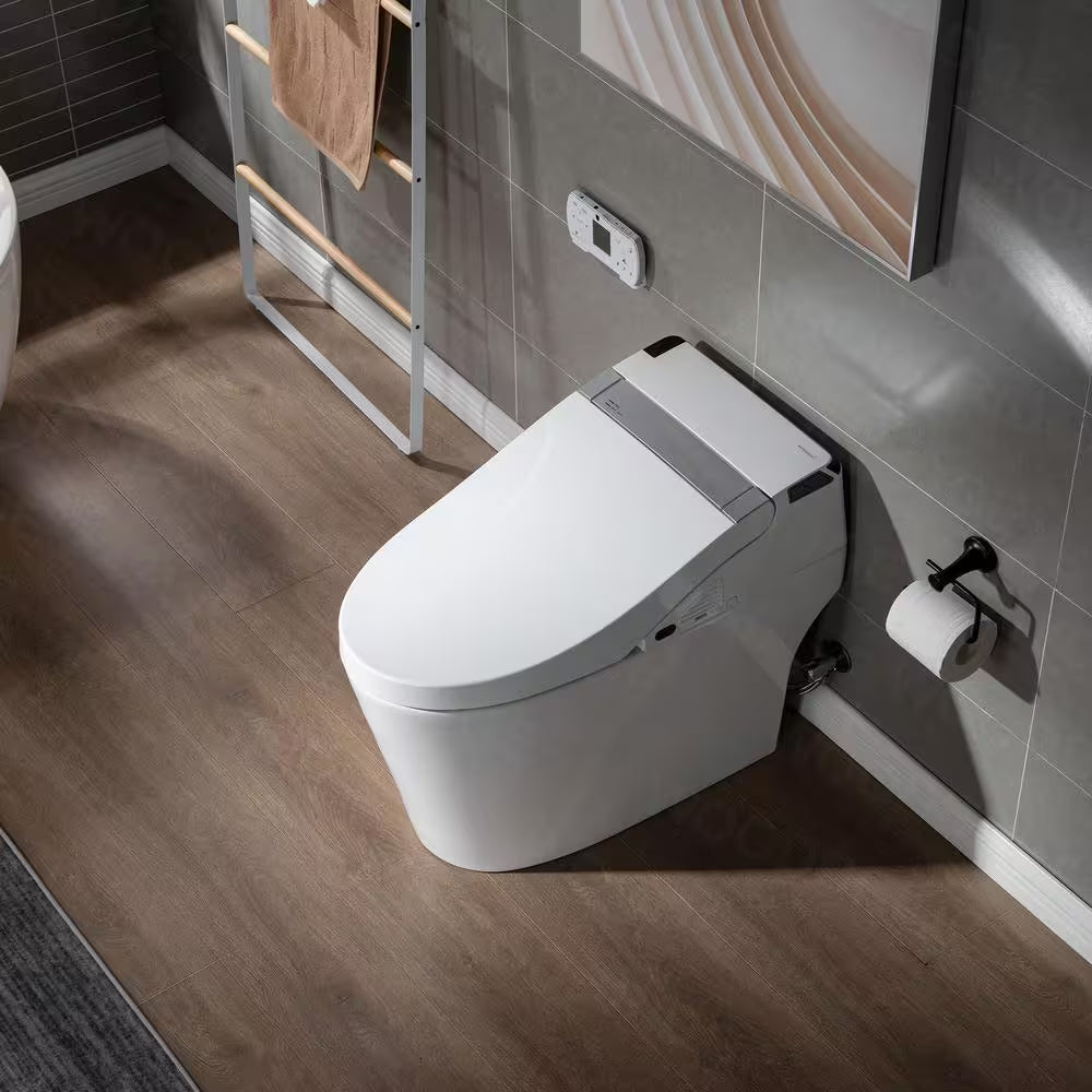 Athena 1-Piece 1.28 GPF Dual Flush Elongated Toilet in White with ADA Height, Auto Flush, Auto Open and Auto Close