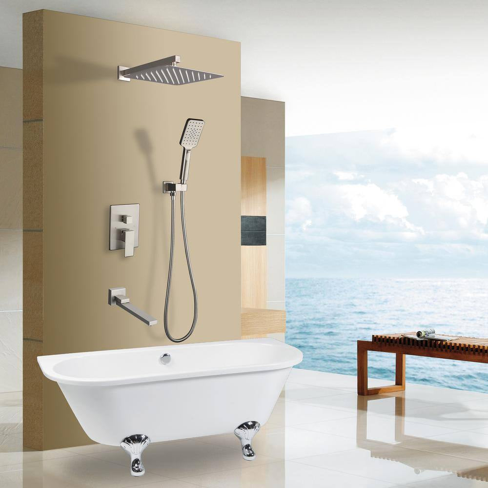 Double Handle 3-Function-Spray Tub and Shower Faucet Flow Rate 2.5 GPM in Brushed Nickel Valve Included