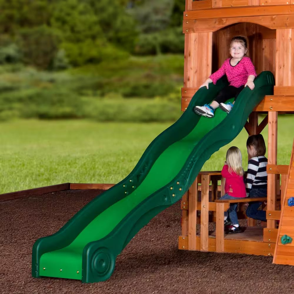 Liberty II All Cedar Swing Set Playset with Elevated Clubhouse and Deck, Rockwall, Glider, Wave Slide, and Picnic Area