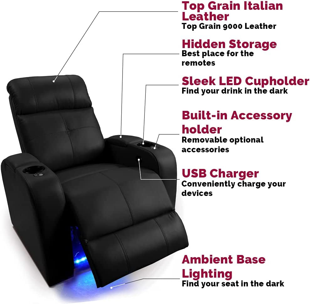 Valencia Verona Home Theater Seating | Premium Top Grain Italian 9000 Leather, Power Recliner, LED Lighting (Row of 3, Black)