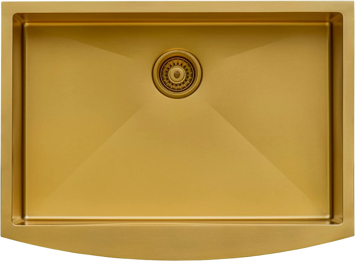 Brass Tone 33-Inch Apron-Front Farmhouse Kitchen Sink - Matte Gold Stainless Steel Single Bowl - RVH9733GG