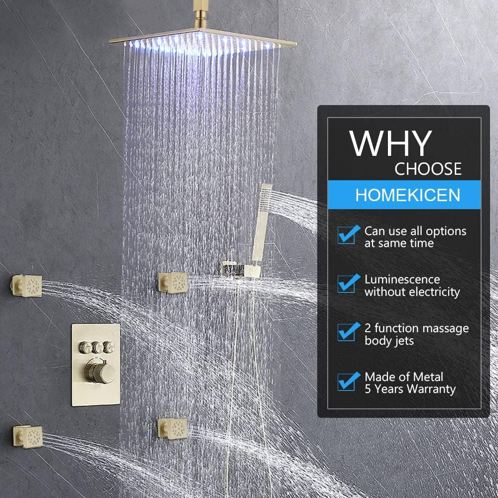 Brushed Gold Shower System - 12" LED Square Ceiling Rain Head with High Pressure Handheld and Full Body Spray Jets